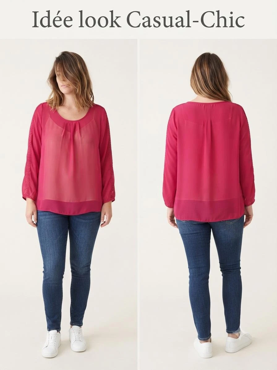 👚Fuchsia/roze blouse met sluier - Opengewerkte kanten details - Bleu Bonheur - M. 48 – photo 6